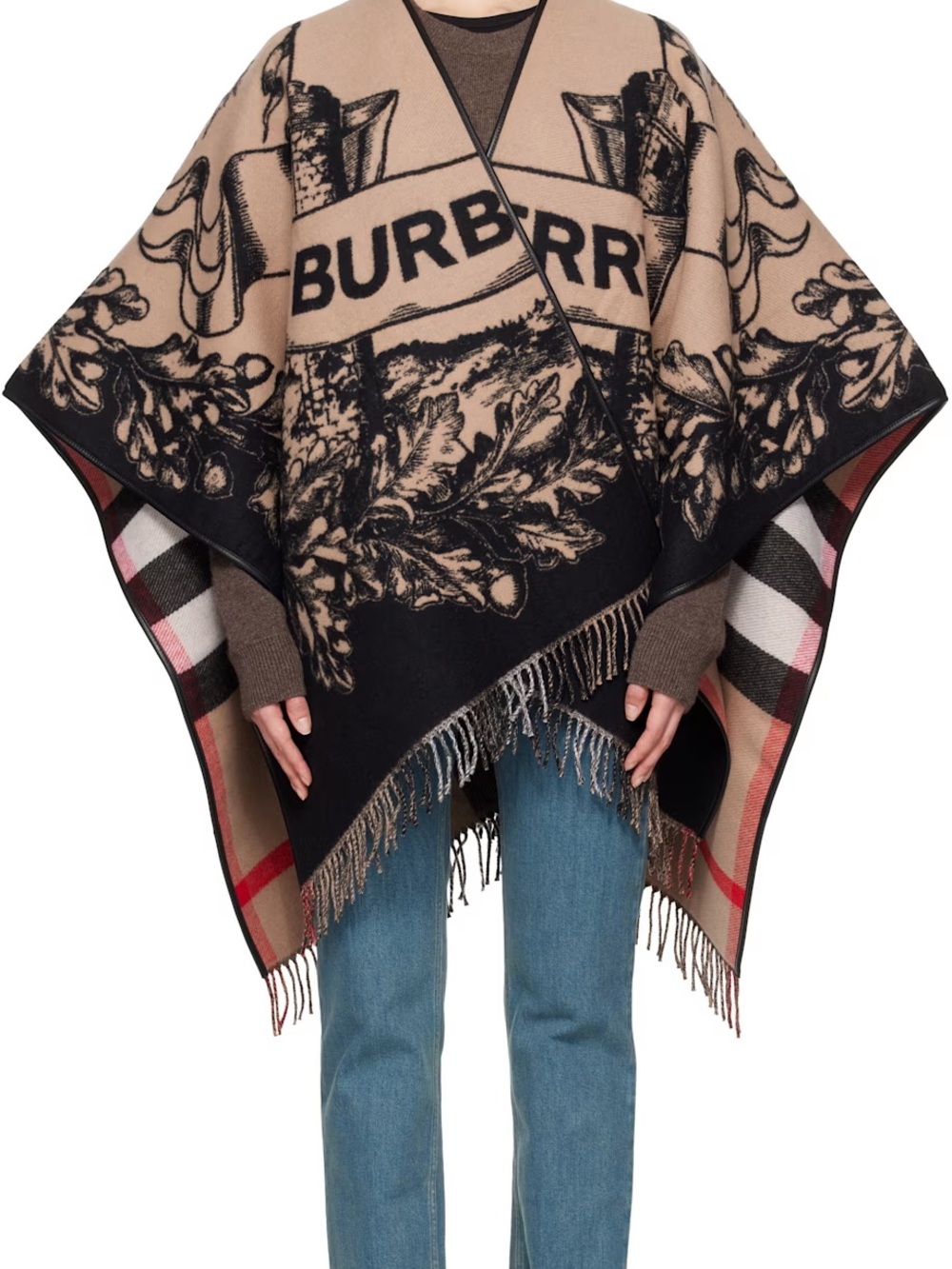 Burberry Beige and Black Logo Fringe Cape Poncho